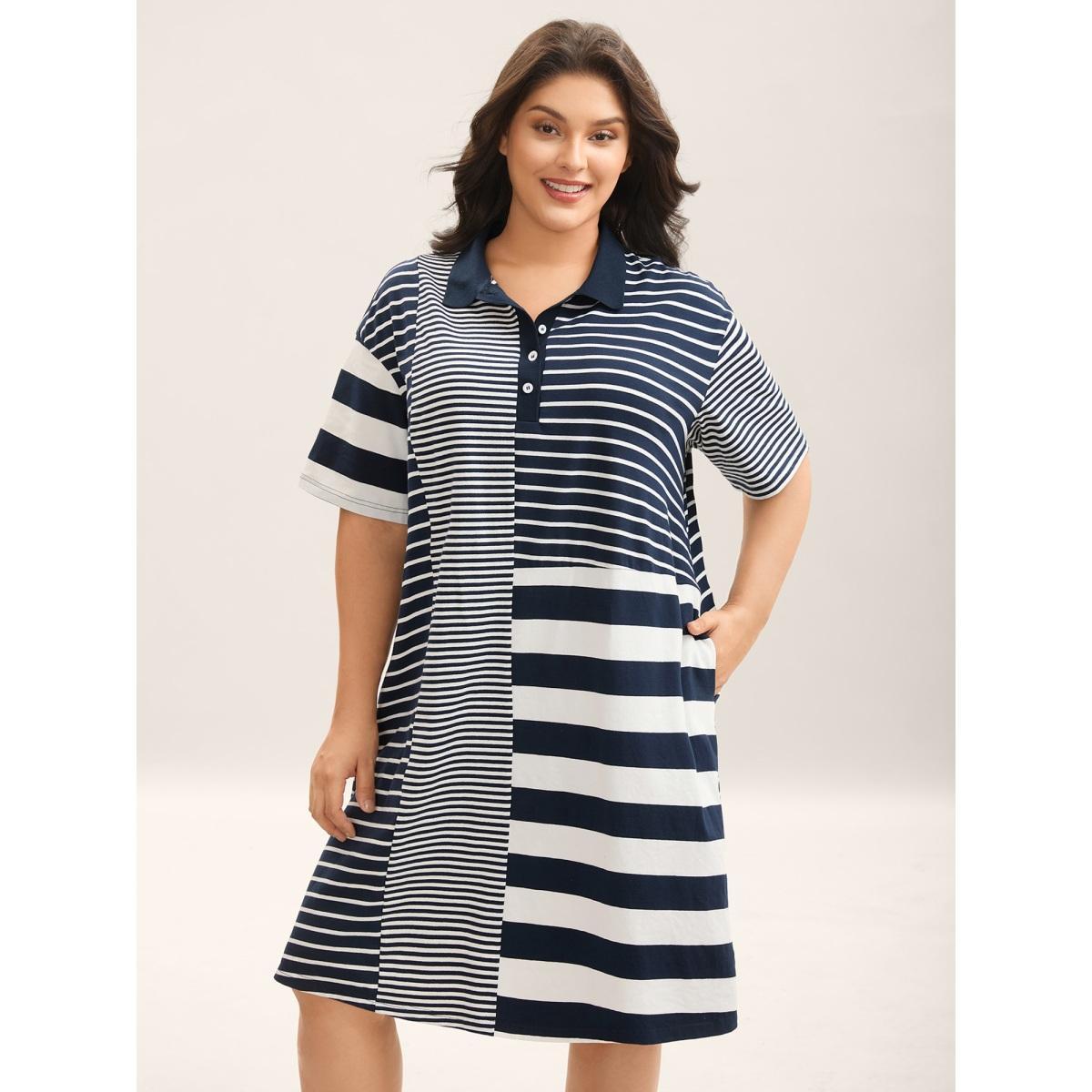 Plus Size Cotton Knit Stripe Print Midi Dress Navy Women Polo Half Sleeve Curvy BloomChic 28/5X Product Image