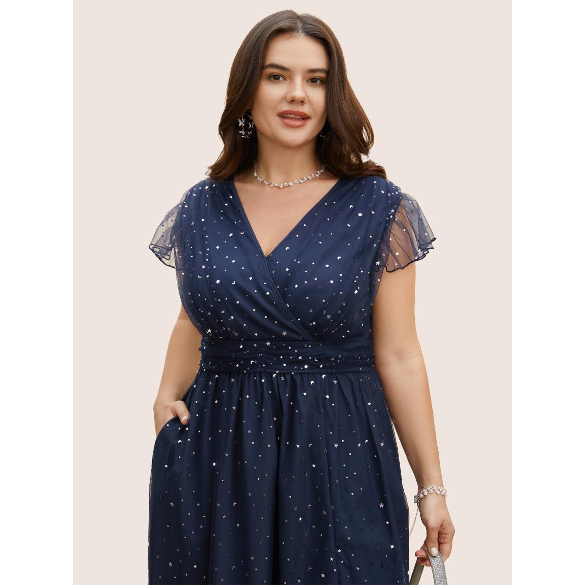 Plus Size Sequin Mesh V Neck Ruffle Cap Sleeve Dress Indigo Women Formal Texture V-neck Cap Sleeve Curvy BloomChic 14-16/1X Product Image