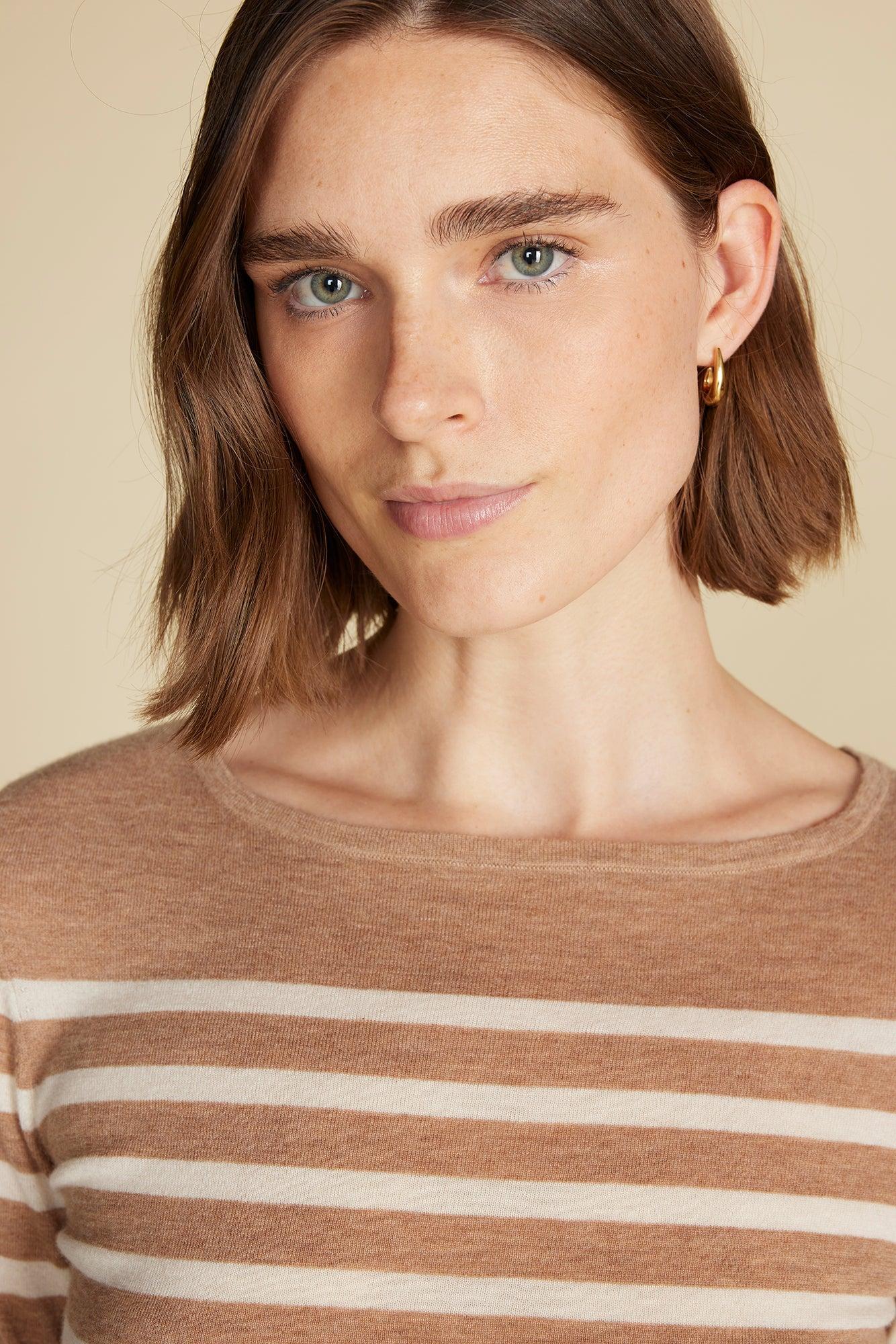 Fran Boatneck Striped Cashmere Sweater - Cafe Au Lait and Ivory Stripe Product Image