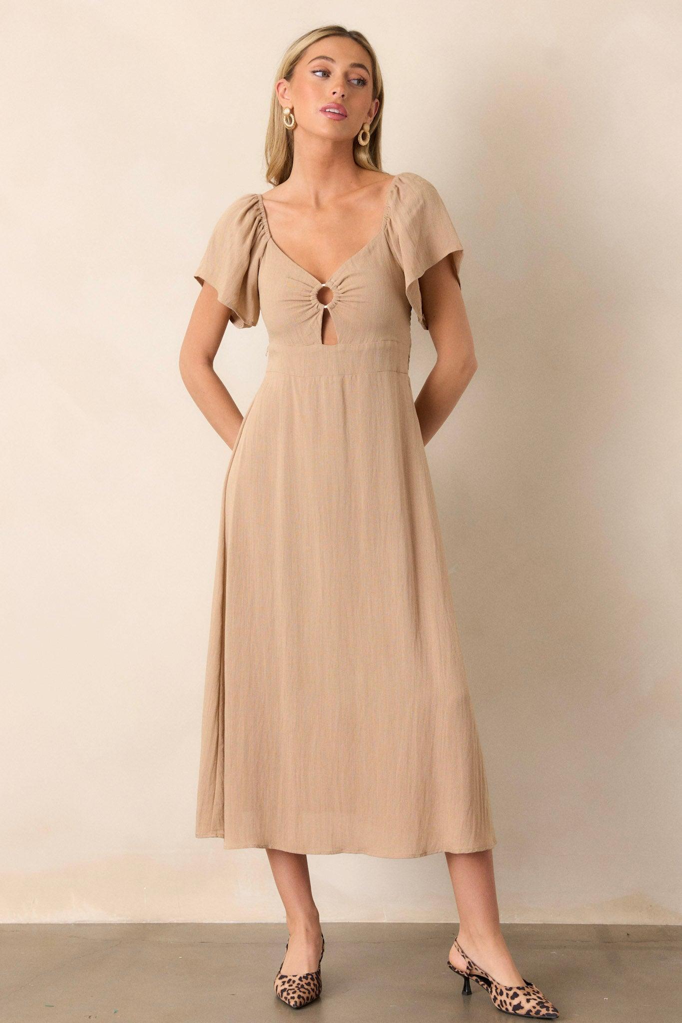 Boho Beauty Tan Puff Sleeve Midi Dress Product Image
