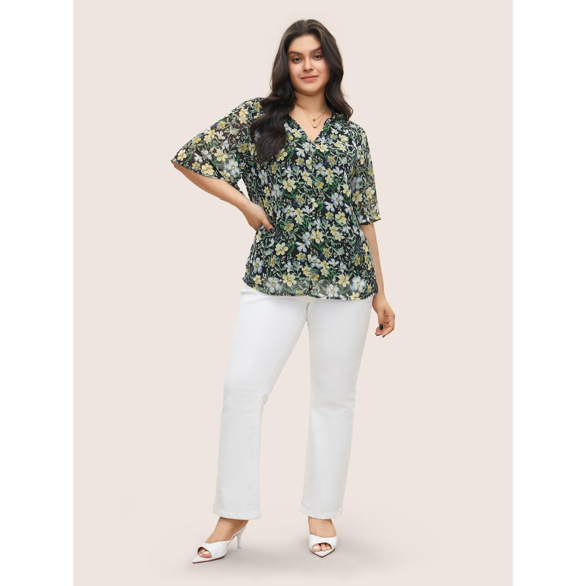 Plus Size Black Floral Frill Trim Flutter Sleeve Blouse Women Elegant Half Sleeve V-neck Everyday Blouses BloomChic 14-16/1X Product Image