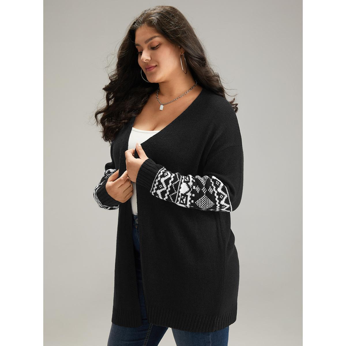 Plus Size Geometric Graphic Open Front Tunic Cardigan Black Women Casual Loose Long Sleeve Dailywear Cardigans BloomChic 18-20/2X Product Image