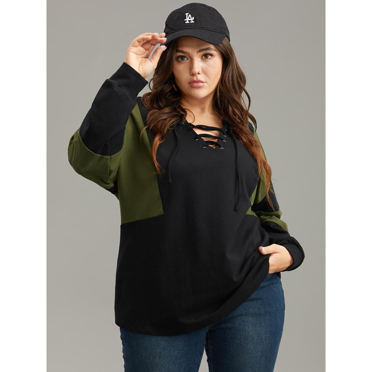 Plus Size Cotton Colorblock Contrast Lace Up Sweatshirt Women Gray Casual Elastic cuffs V-neck Dailywear Sweatshirts BloomChic 28/5X Product Image