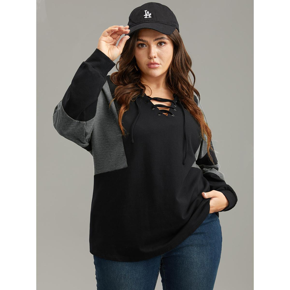 Plus Size Cotton Colorblock Contrast Lace Up Sweatshirt Women Gray Casual Elastic cuffs V-neck Dailywear Sweatshirts BloomChic 28/5X Product Image