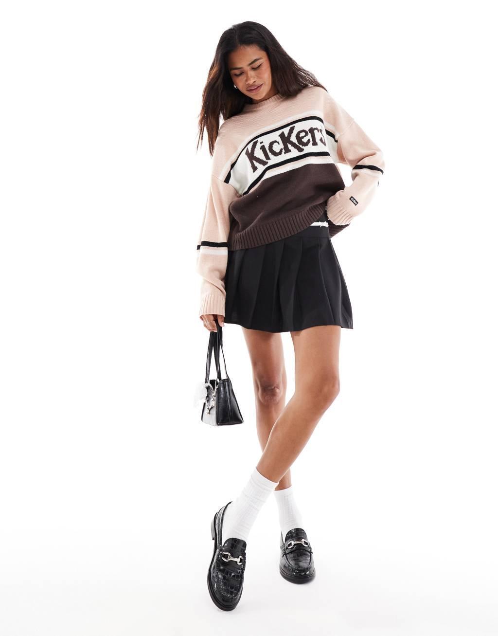Kickers relaxed knit sweater with stripe logo in pink and brown Product Image