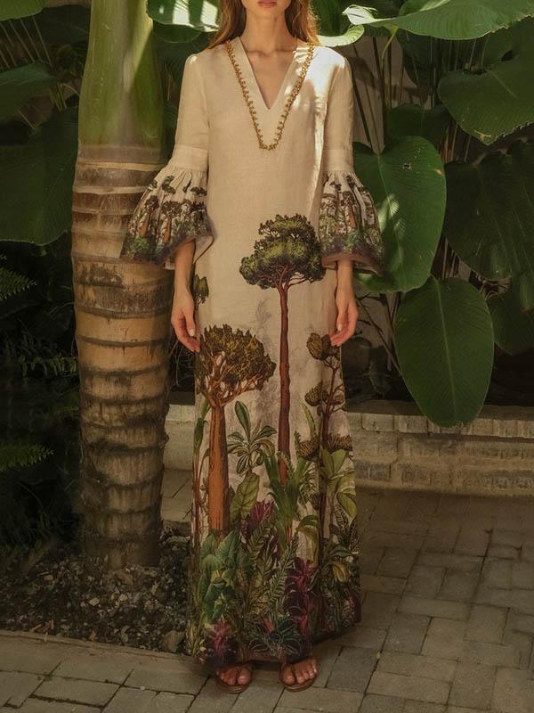 Flared Sleeves Loose Leaves Print V-Neck Maxi Dresses Product Image