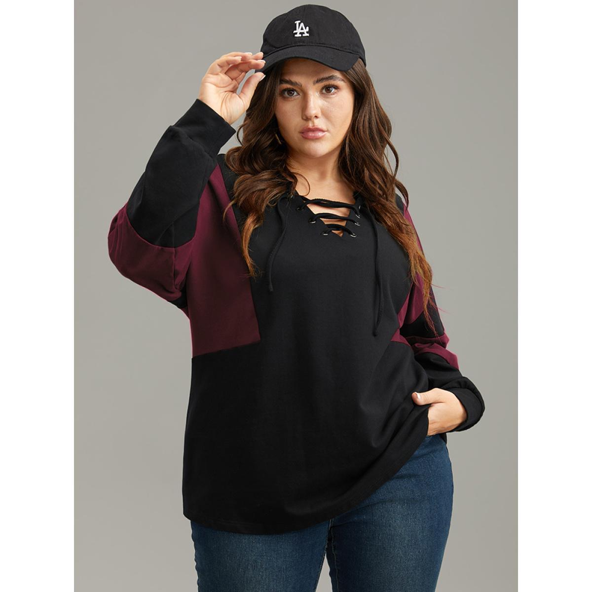 Plus Size Cotton Colorblock Contrast Lace Up Sweatshirt Women Burgundy Casual Elastic cuffs V-neck Dailywear Sweatshirts BloomChic 26/4X Product Image