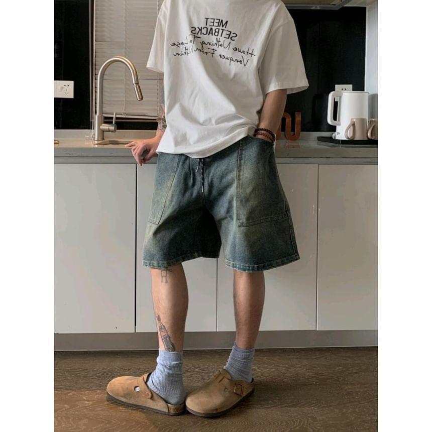 Drawstring Waist Washed Wide Leg Jorts Product Image
