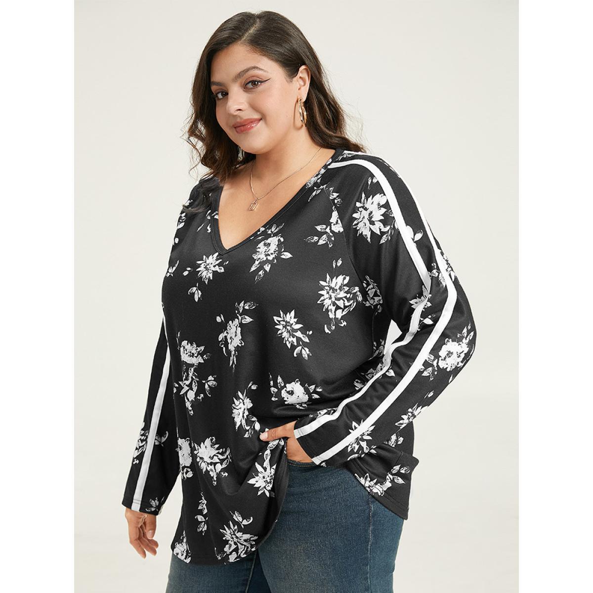 Plus Size Floral Raglan Sleeve Contrast Trim Sweatshirt Women Black Elegant Printed V-neck Everyday Sweatshirts BloomChic 18-20/2X Product Image