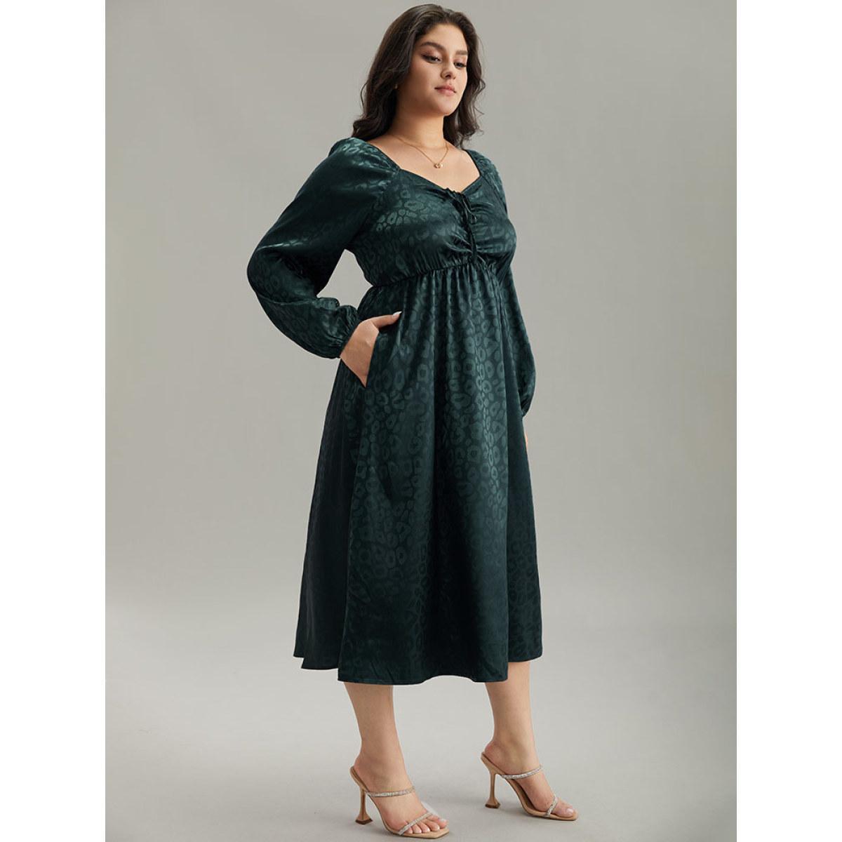 Plus Size Leopard Square Neck Elastic Waist Ties Dress Cyan Women Glamour Elastic cuffs Square Neck Long Sleeve Curvy Midi Dress BloomChic 22-24/3X Product Image