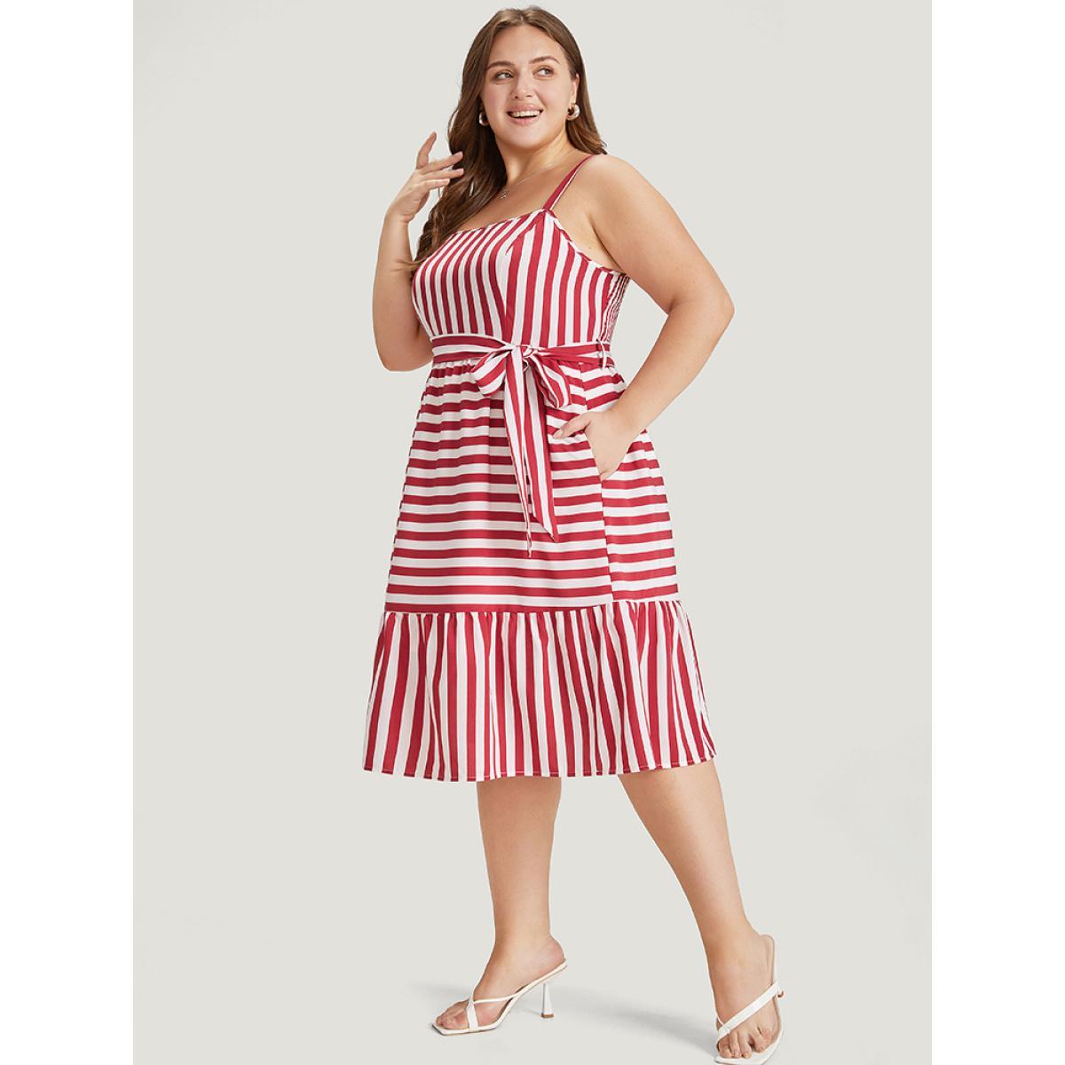 Plus Size Striped Print Belted Ruffle Layered Hem Cami Dress Scarlet Women Office Adjustable Straps Spaghetti Strap Sleeveless Curvy Midi Dress BloomChic 14-16/1X Product Image