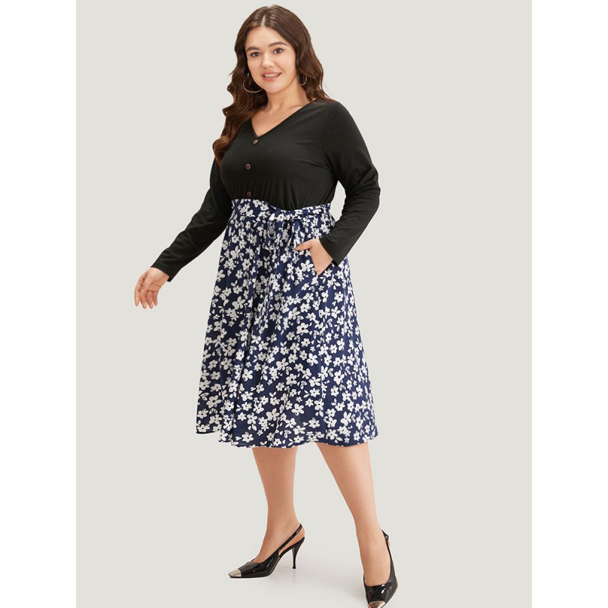 Plus Size Silhouette Floral Print Belted Button Detail Dress Navy Women Office Printed V-neck Long Sleeve Curvy Midi Dress BloomChic 30/6X Product Image