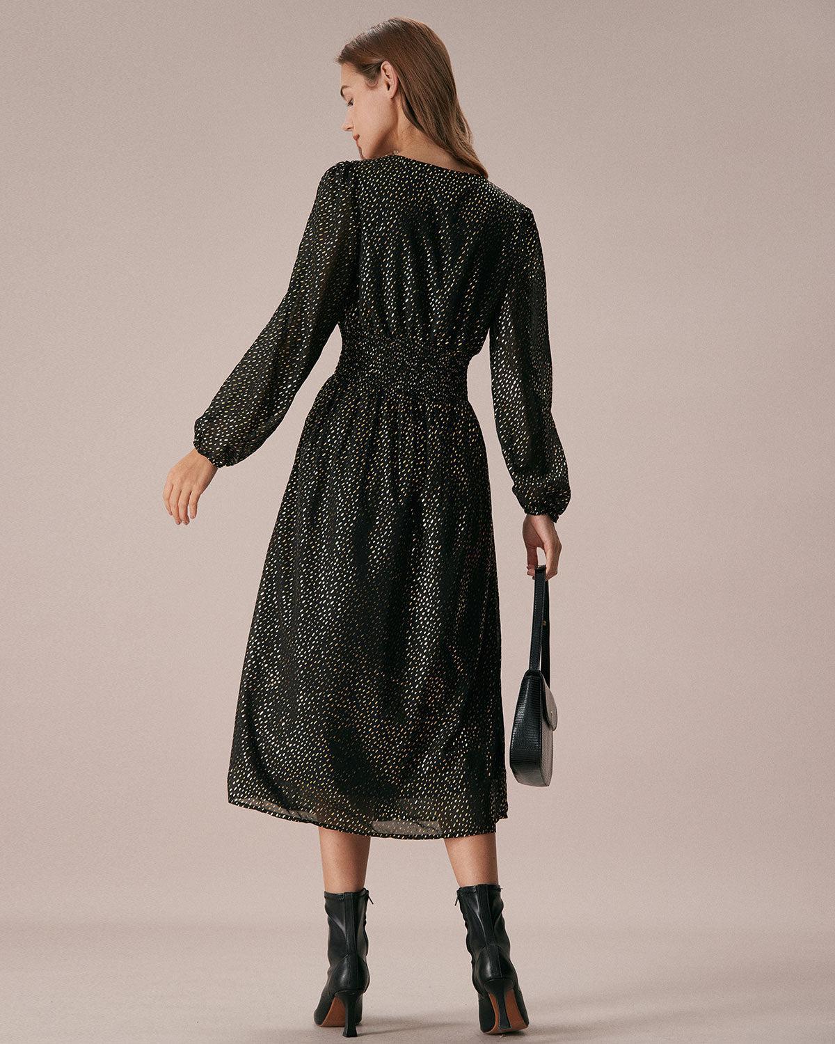 The Black V Neck Shirred Overlapping Midi Dress Product Image