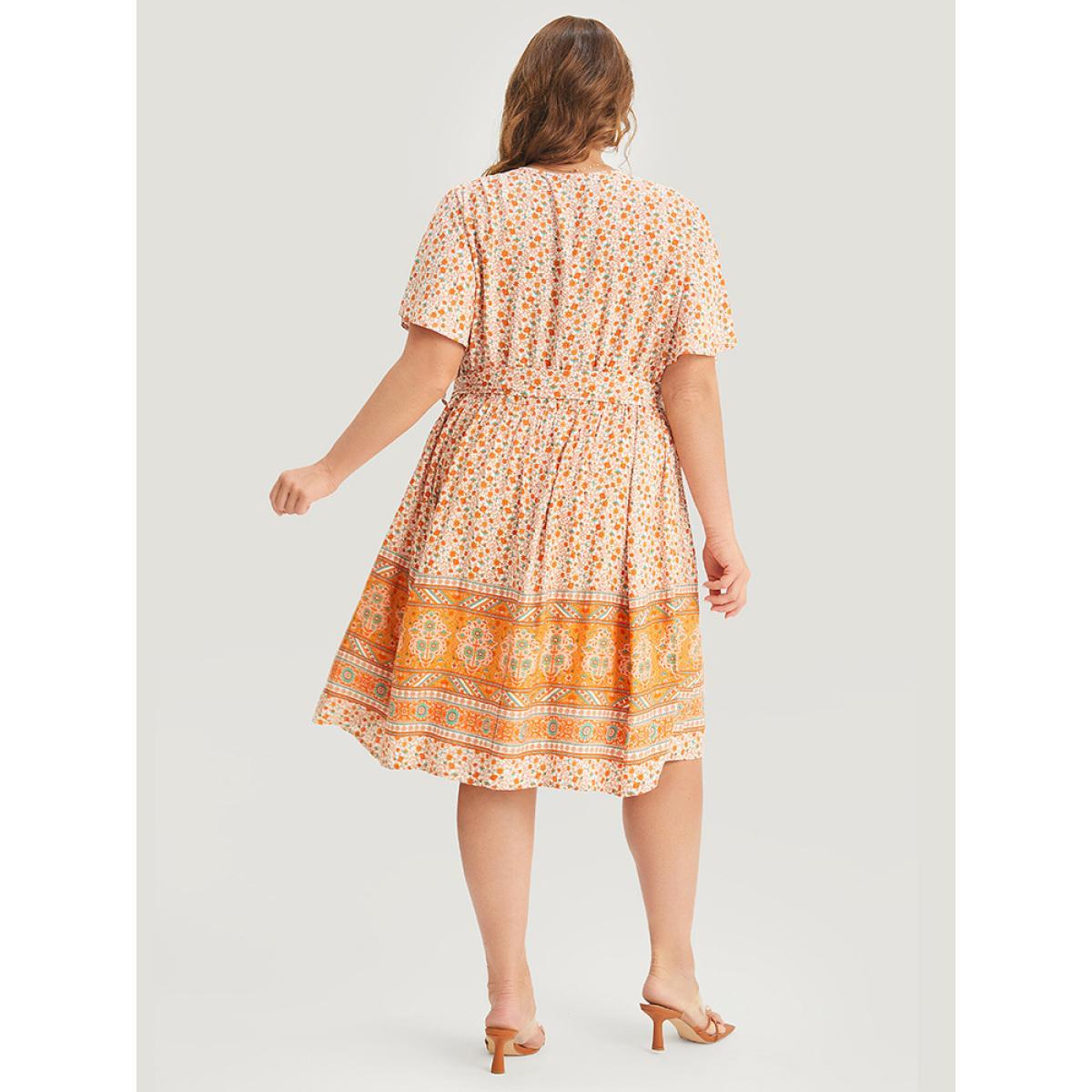 Plus Size Bandana Print Belted Pocket Flutter Surplice Neck Knee Dress Orange Women Vacation Pocket V-neck Short sleeve Curvy Knee Dress BloomChic 14-16/1X Product Image