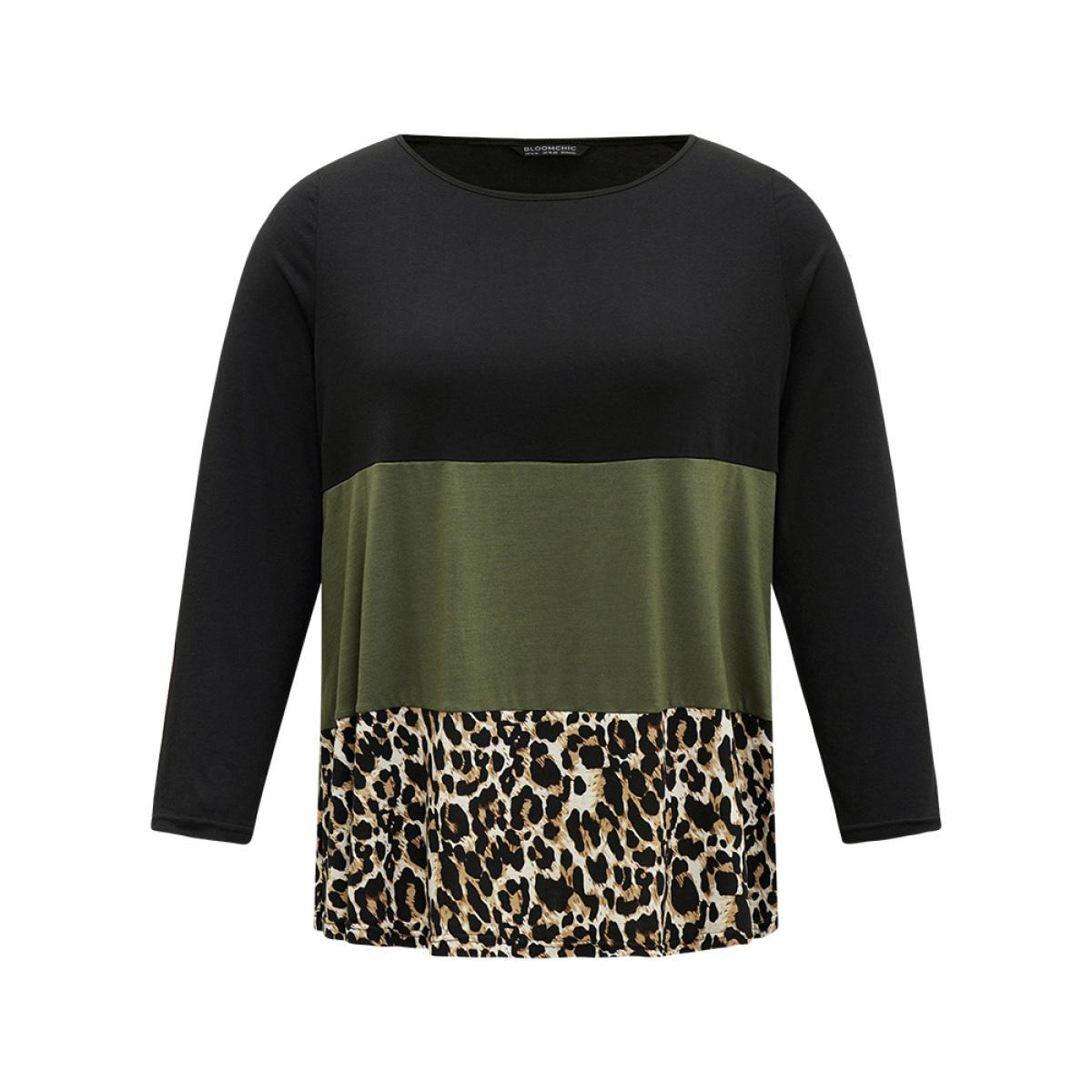 Plus Size Colorblock Leopard Contrast Round Neck T-shirt Multicolor Women Casual Contrast Leopard Round Neck Everyday T-shirts BloomChic 10/M Product Image