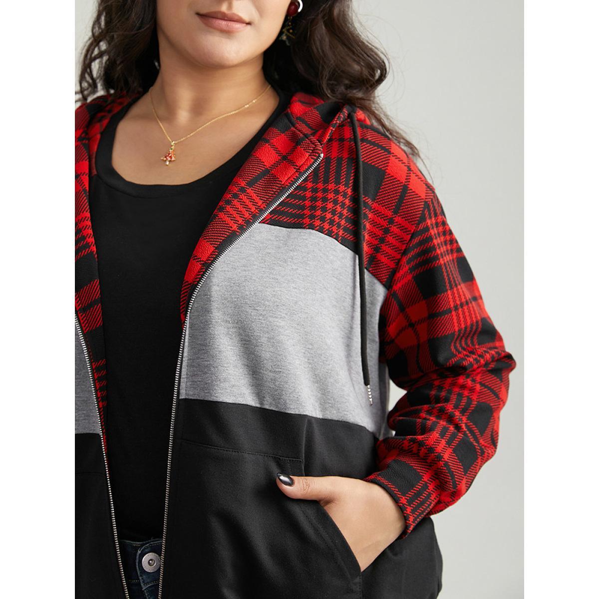 Plus Size Plaid Contrast Patchwork Drawstring Zipper Jacket Women Raspberry Contrast Pocket Dailywear Jackets BloomChic 22-24/3X Product Image