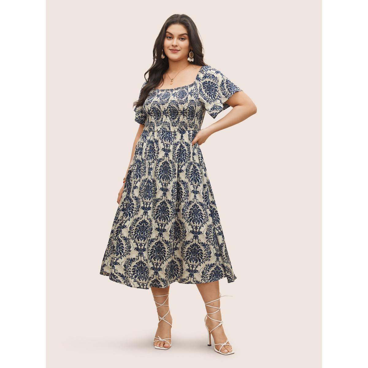 Plus Size Bandana Print Shirred Off Shoulder Dress DarkBlue Women Resort Non One-shoulder neck Short sleeve Curvy Midi Dress BloomChic 22-24/3X Product Image