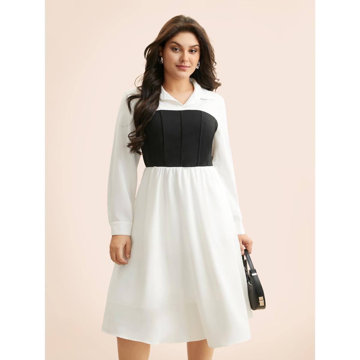 Plus Size Contrast Patchwork Pleated Midi Dress WhiteSmoke Women At the Office Contrast Shirt collar Long Sleeve Curvy BloomChic 12/L Product Image