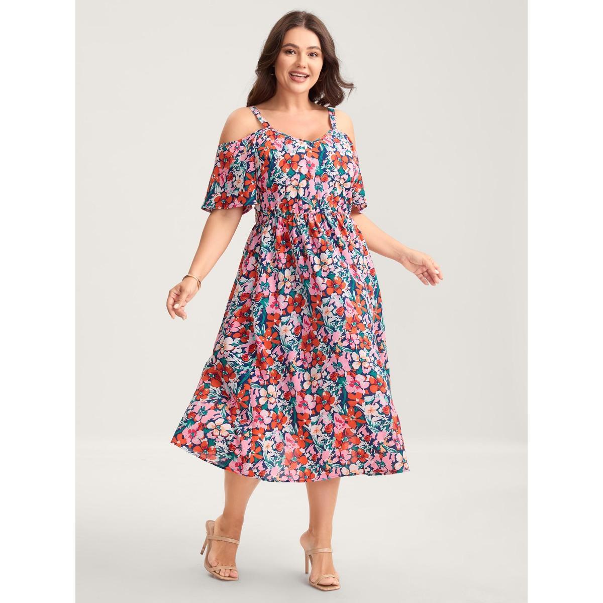 Plus Size Floral Print Off-Shoulder Pockets Midi Dress DarkBlue Women Heart neckline Short sleeve Curvy BloomChic 14-16/1X Product Image