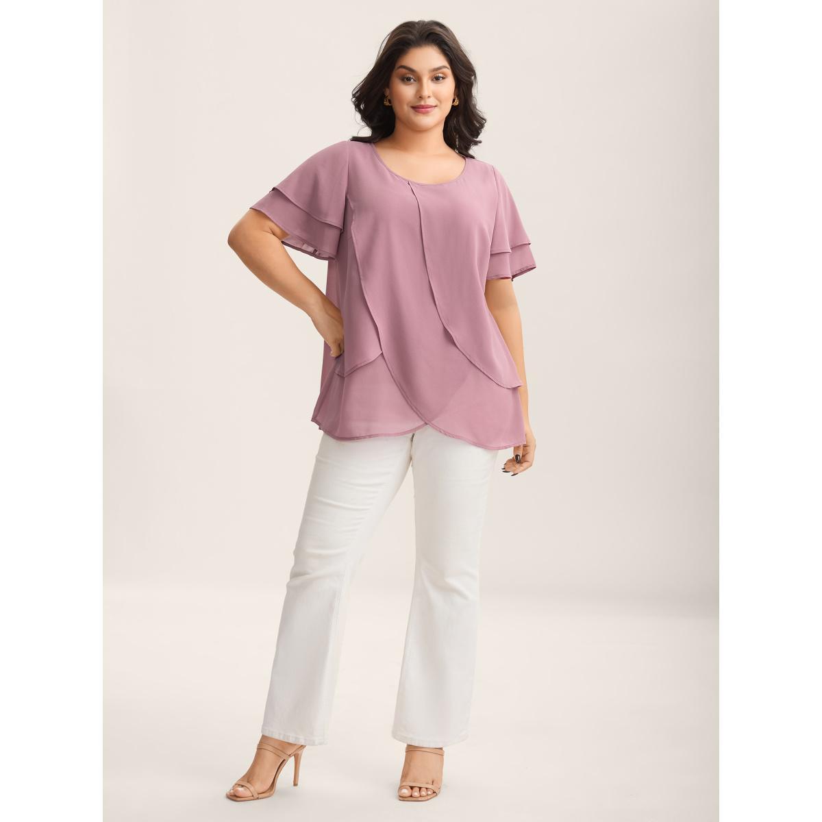 Plus Size DustyPink Chiffon Layered Flowy Solid Blouse Women Short sleeve Round Neck Everyday-Elegant Blouses BloomChic 22-24/3X Product Image
