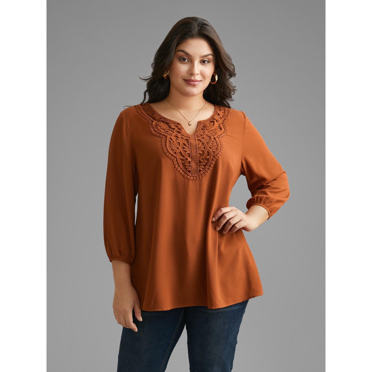 Plus Size Rust Notched Lace Trim Gathered Blouse Women Elegant Extra Long Sleeve Flat collar with V-notch Everyday Blouses BloomChic 10/M Product Image