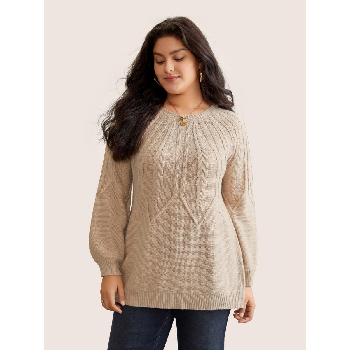 Plus Size Solid Textured Lantern Sleeve Pullover Tan Women Basics Long Sleeve Round Neck Everyday Pullovers BloomChic 30/6X Product Image