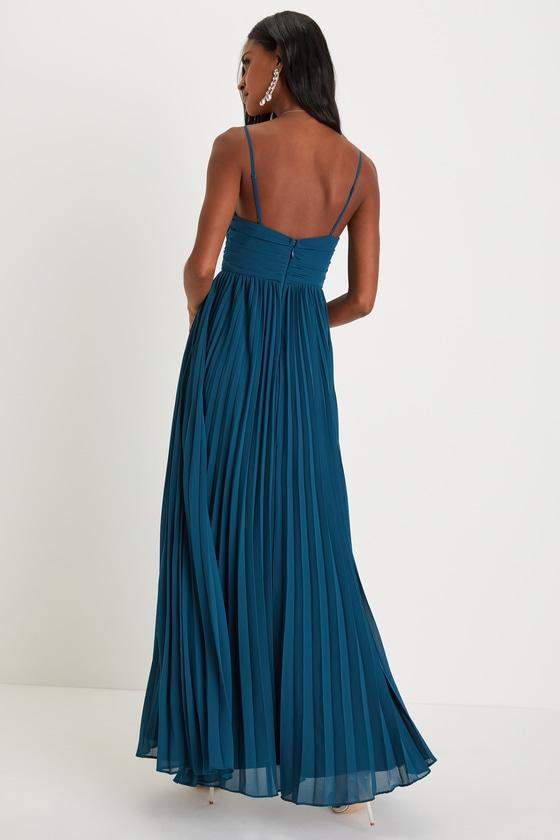 Sensational Charmer Teal Blue Pleated Sleeveless Maxi Dress Product Image