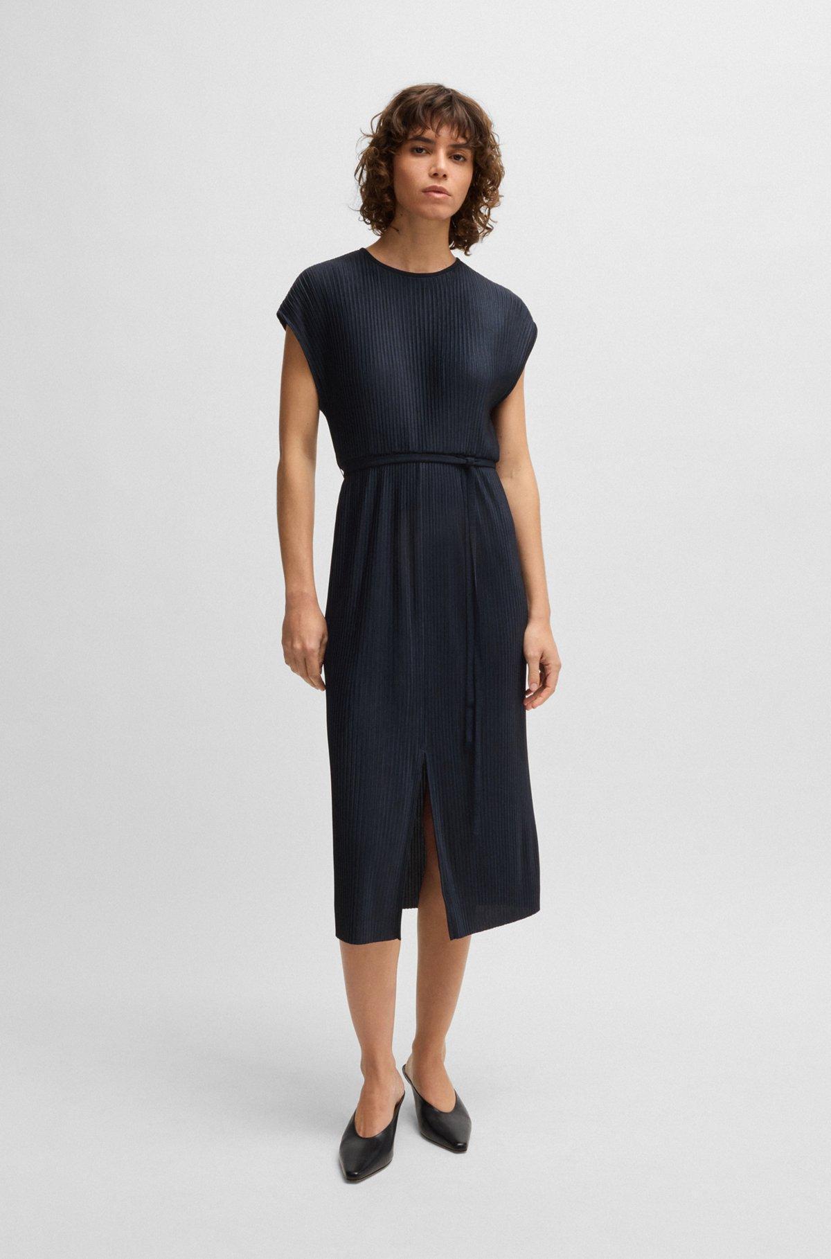 BOSS - Belted sleeveless dress in high-shine plissé - Dark Blue Product Image