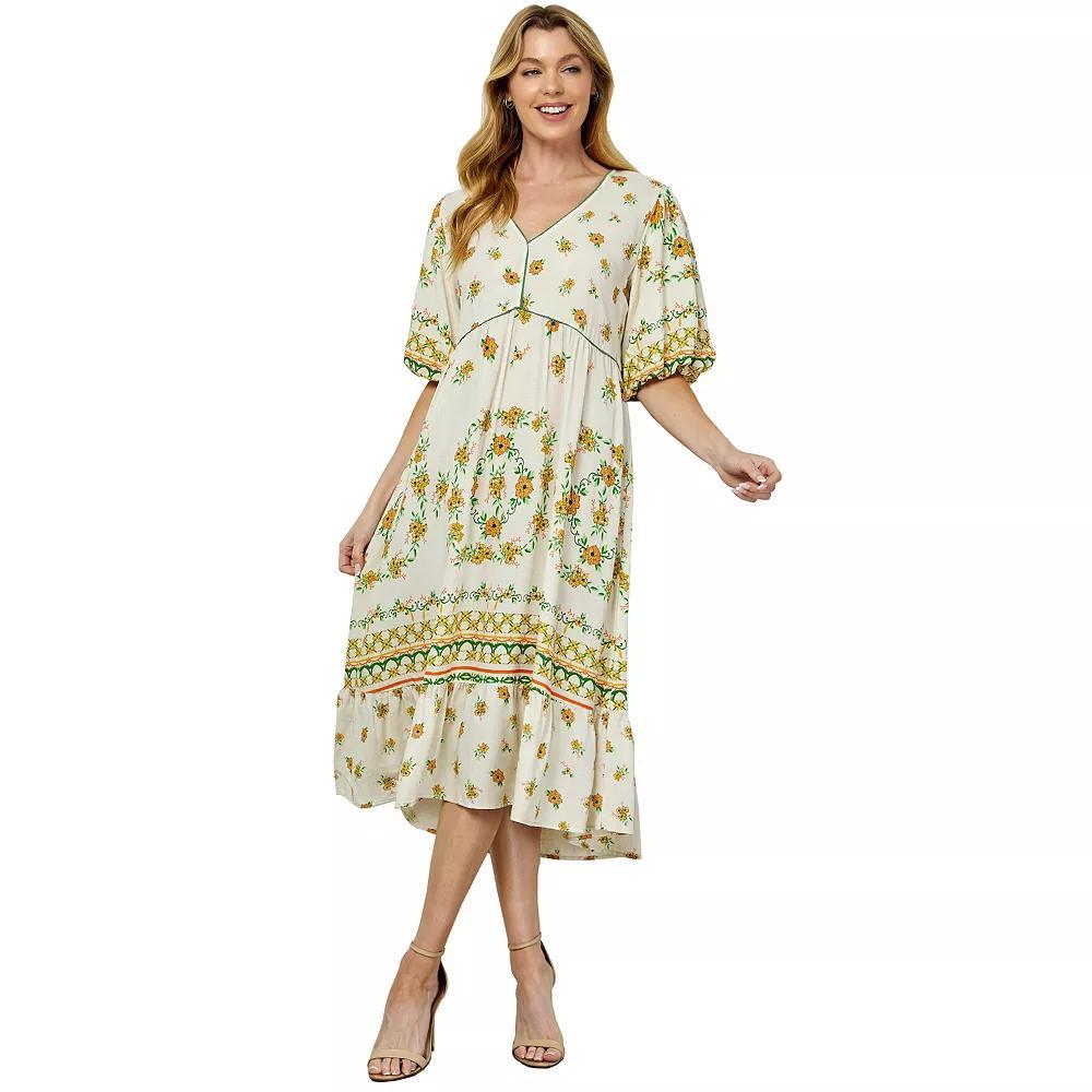 Women's Figueroa & Flower V-Neck Printed Peasant Dress, Size: XL, Ivory Yellow Product Image