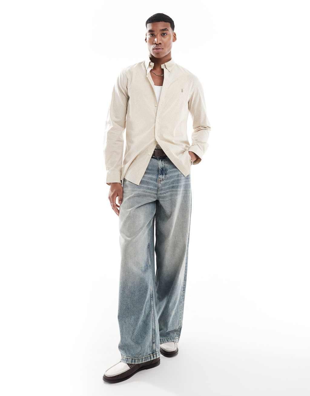 Polo Ralph Lauren icon logo plaid slim fit bistretch poplin shirt in beige/white Product Image