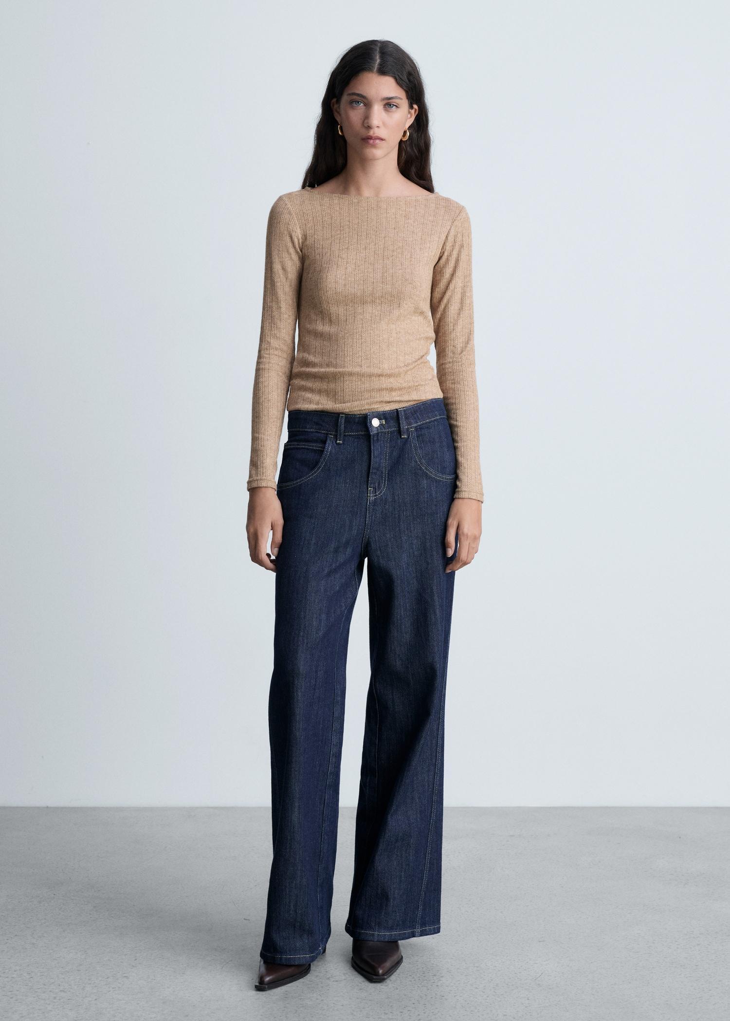 Long-sleeved pointelle t-shirt - Women | MANGO USA Product Image