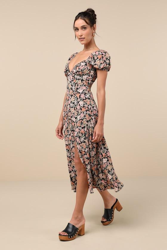 Meadow Muse Black Floral Tie-Back Puff Sleeve Midi Dress Product Image
