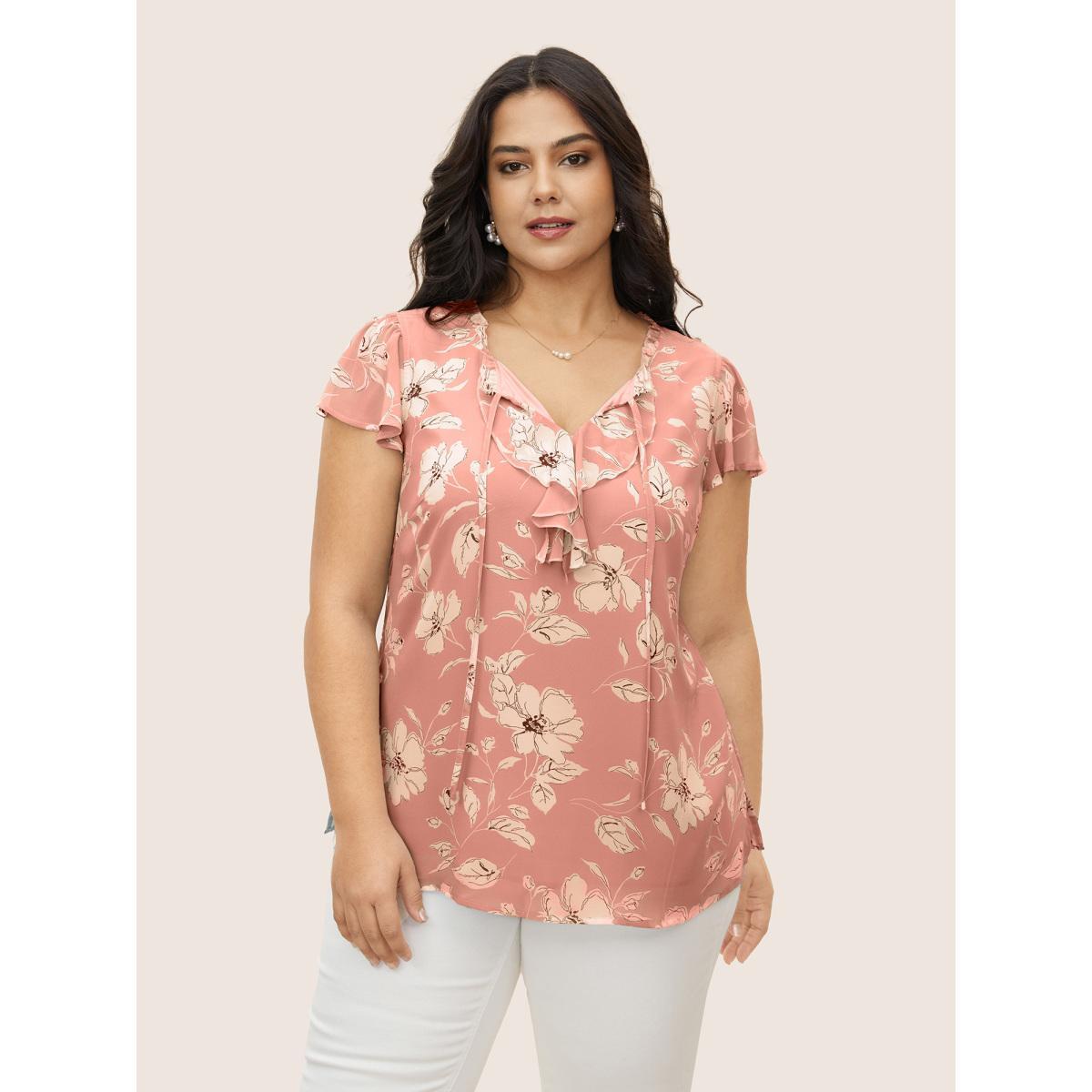 Plus Size Crepe Floral Frill Trim Tie Knot Ruffles Blouse Women Elegant Cap Sleeve Round Neck Everyday Blouses BloomChic 26/4X Product Image