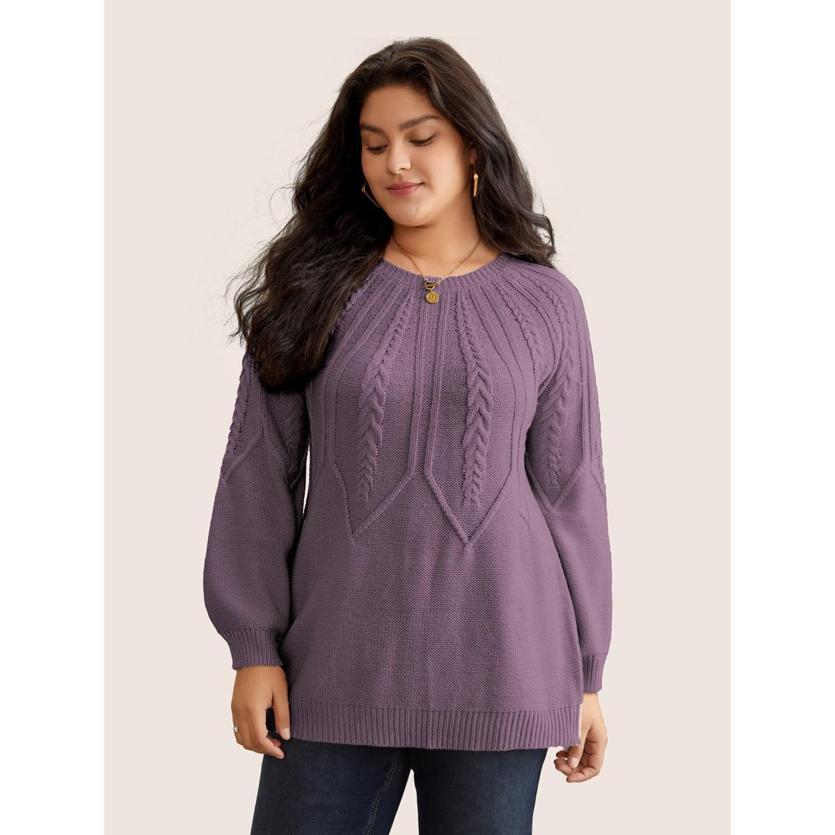 Plus Size Solid Textured Lantern Sleeve Pullover Lilac Women Basics Long Sleeve Round Neck Everyday Pullovers BloomChic 10/M Product Image