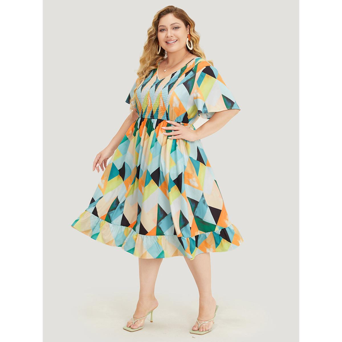 Plus Size Geometric Print Shirred Ruffle Hem Pocket Dress Multicolor Women Elegant Gathered V-neck Short sleeve Curvy Midi Dress BloomChic 18-20/2X Product Image