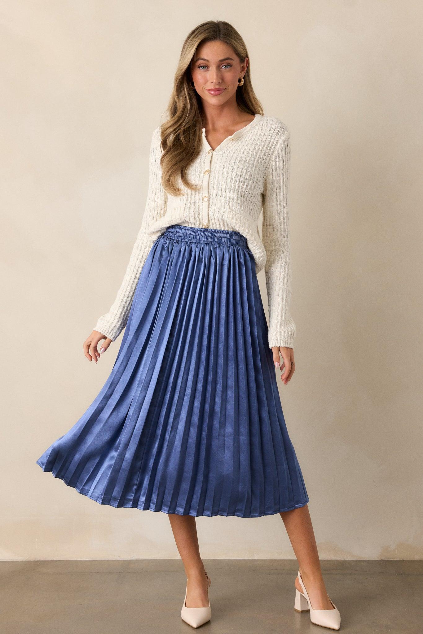 Lost In The Stars Dusty Blue Pleated Midi Skirt Product Image