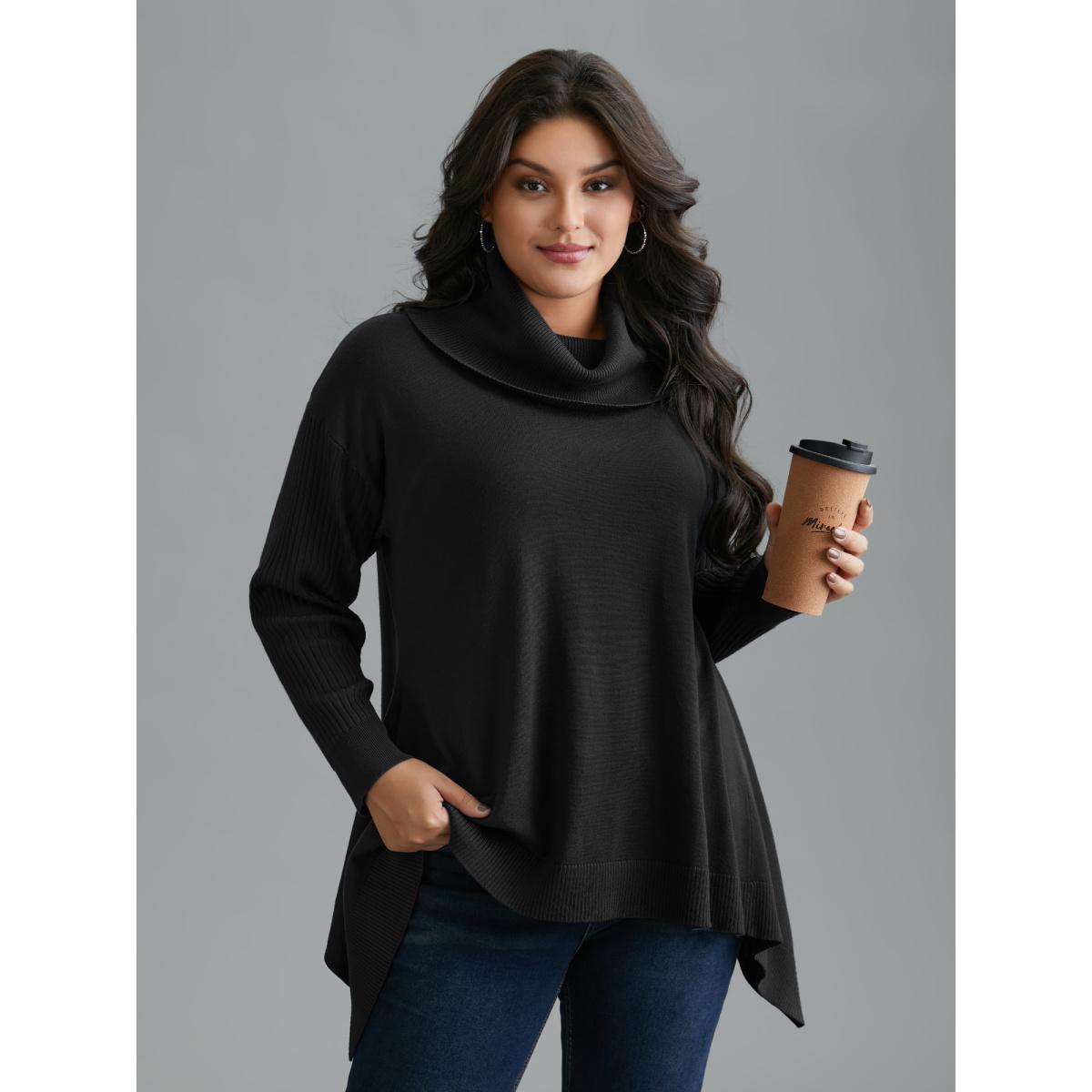 Plus Size Supersoft Essentials Textured Drop Shoulder Turtleneck Pullover Black Women Casual Loose Long Sleeve Turtleneck Everyday Pullovers BloomChic 22-24/3X Product Image