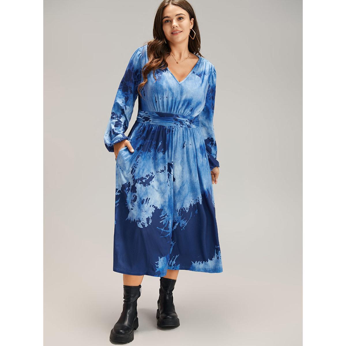 Plus Size Tie Dye Ruched Pocket Lantern Sleeve Dress Indigo Women Casual Elastic cuffs V-neck Long Sleeve Curvy Midi Dress BloomChic 12/L Product Image