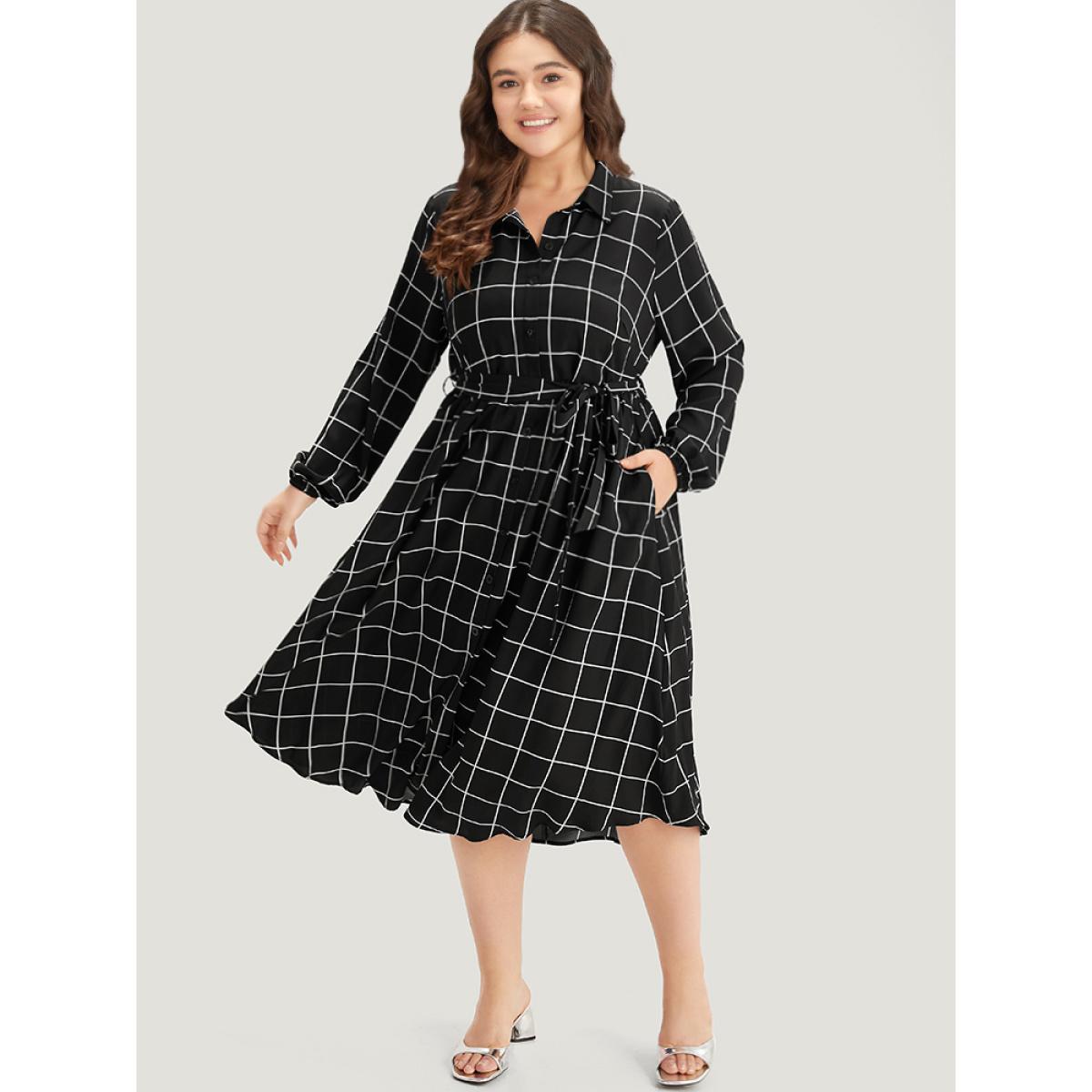 Plus Size Plaid Shirt Collar Belted Lantern Sleeve Dress Black Women At the Office Elastic cuffs Shirt collar Long Sleeve Curvy Midi Dress BloomChic 26/4X Product Image