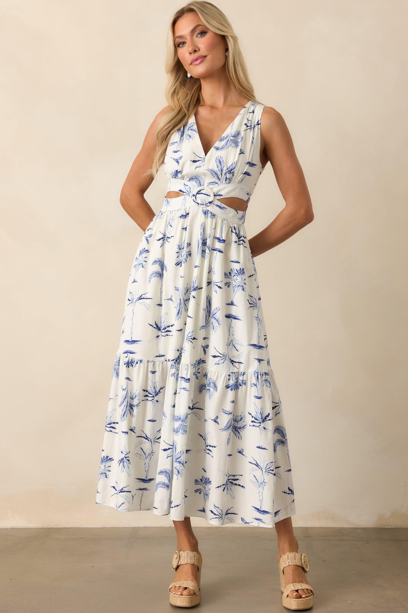 Callie Blue Palm Tree Print Cotton Cut-Out Maxi Dress Product Image