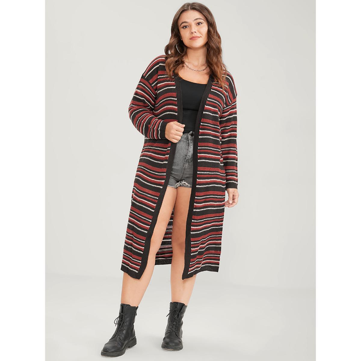 Plus Size Striped Contrast Pointelle Knit Pocket Open Front Long Cardigan Multicolor Women Casual Loose Long Sleeve Dailywear Cardigans BloomChic 14-16/1X Product Image