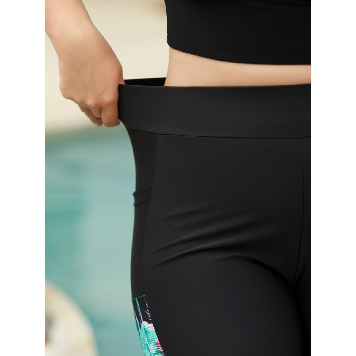 Plus Size Tropical Print High Waisted Tight Swim Bottoms Women's Swimwear Black Beach Patchwork High stretch Skinny High Rise Patch pocket Curve Swim Bottoms BloomChic 26/4X Product Image