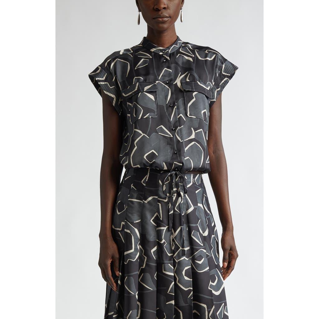 ST JOHN Cubist Floral-print Cap-sleeve Top In Black/shadow Multi Product Image