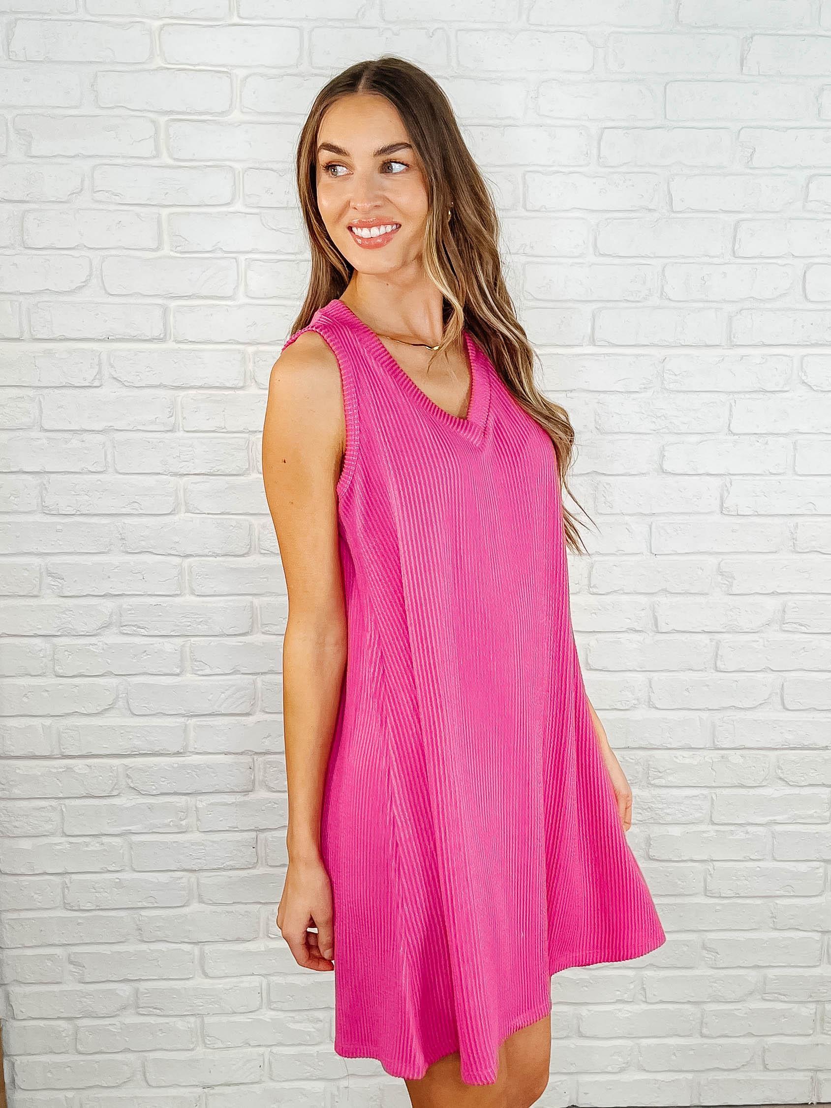 The Power I Hold V-Neck Ribbed Knit Dress in Fuchsia Product Image