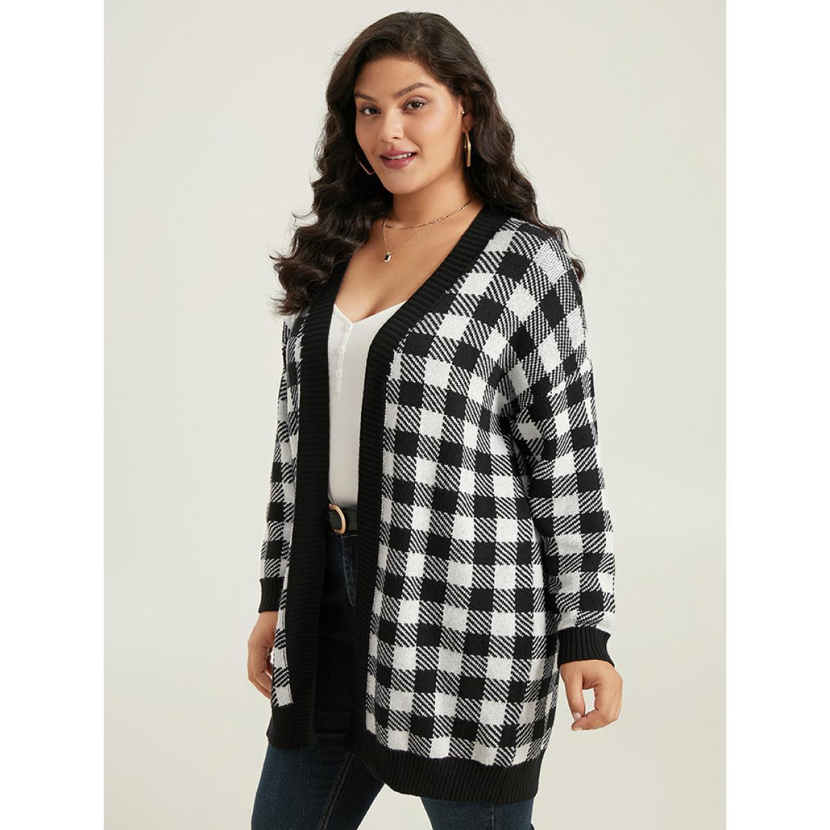 Plus Size Supersoft Essentials Plaid Elastic Cuffs Cardigan Black Women Casual Loose Long Sleeve Dailywear Cardigans BloomChic 30/6X Product Image
