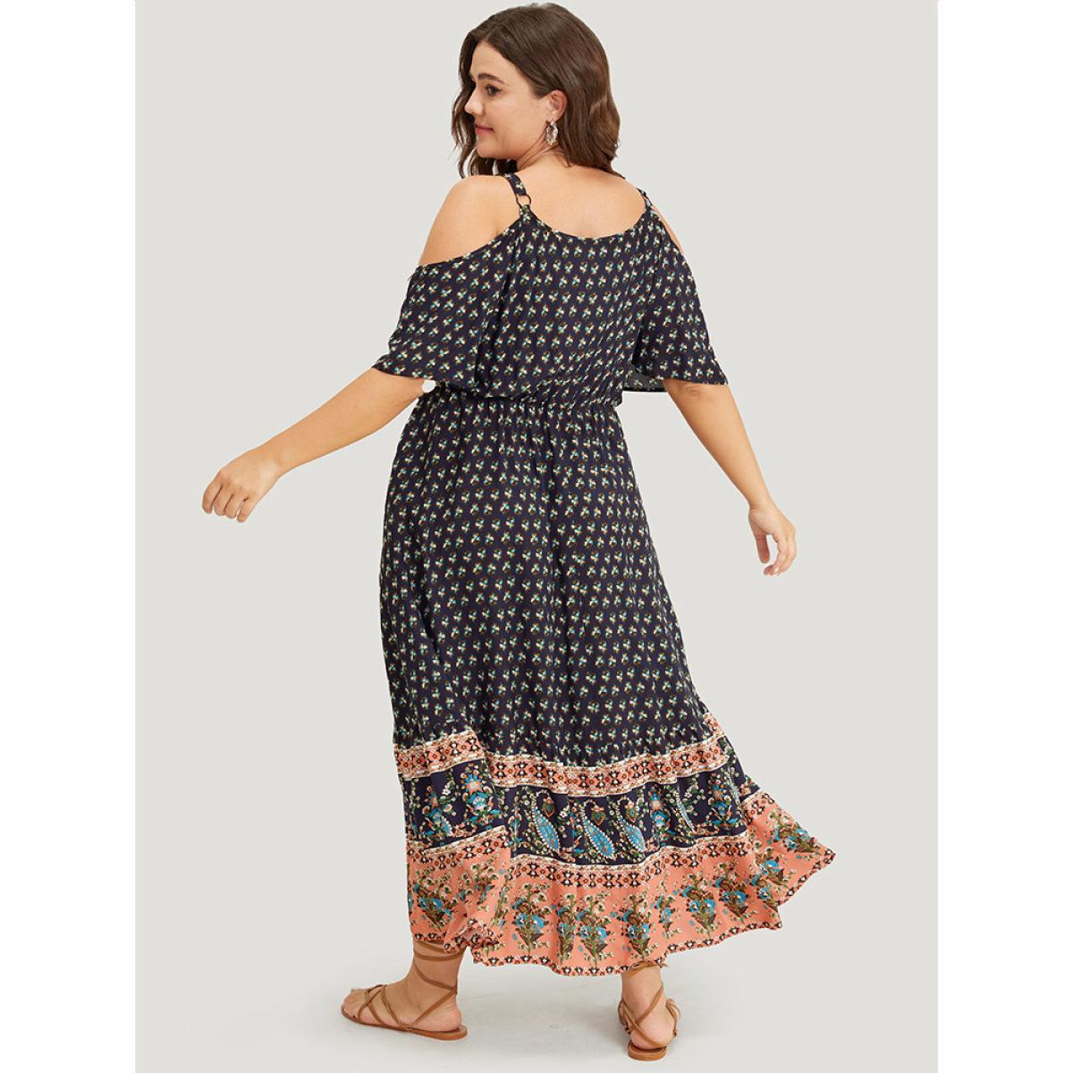 Plus Size Bandana Print Pocket Ruffle Trim Cold Shoulder Maxi Dress BlackFlower Women Vacation Adjustable Straps V-neck Short sleeve Curvy Maxi Dress BloomChic 30/6X Product Image