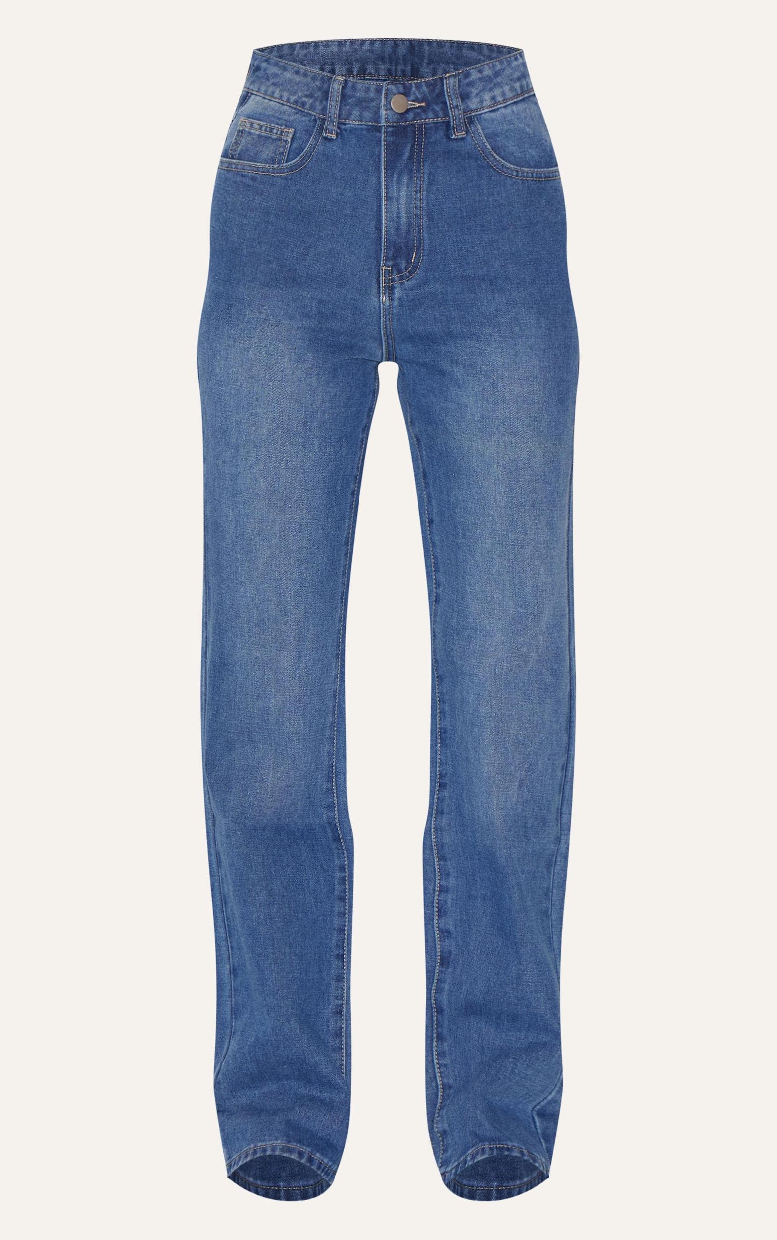 Mid Blue Wash Seam Detail Straight Leg Jeans Product Image