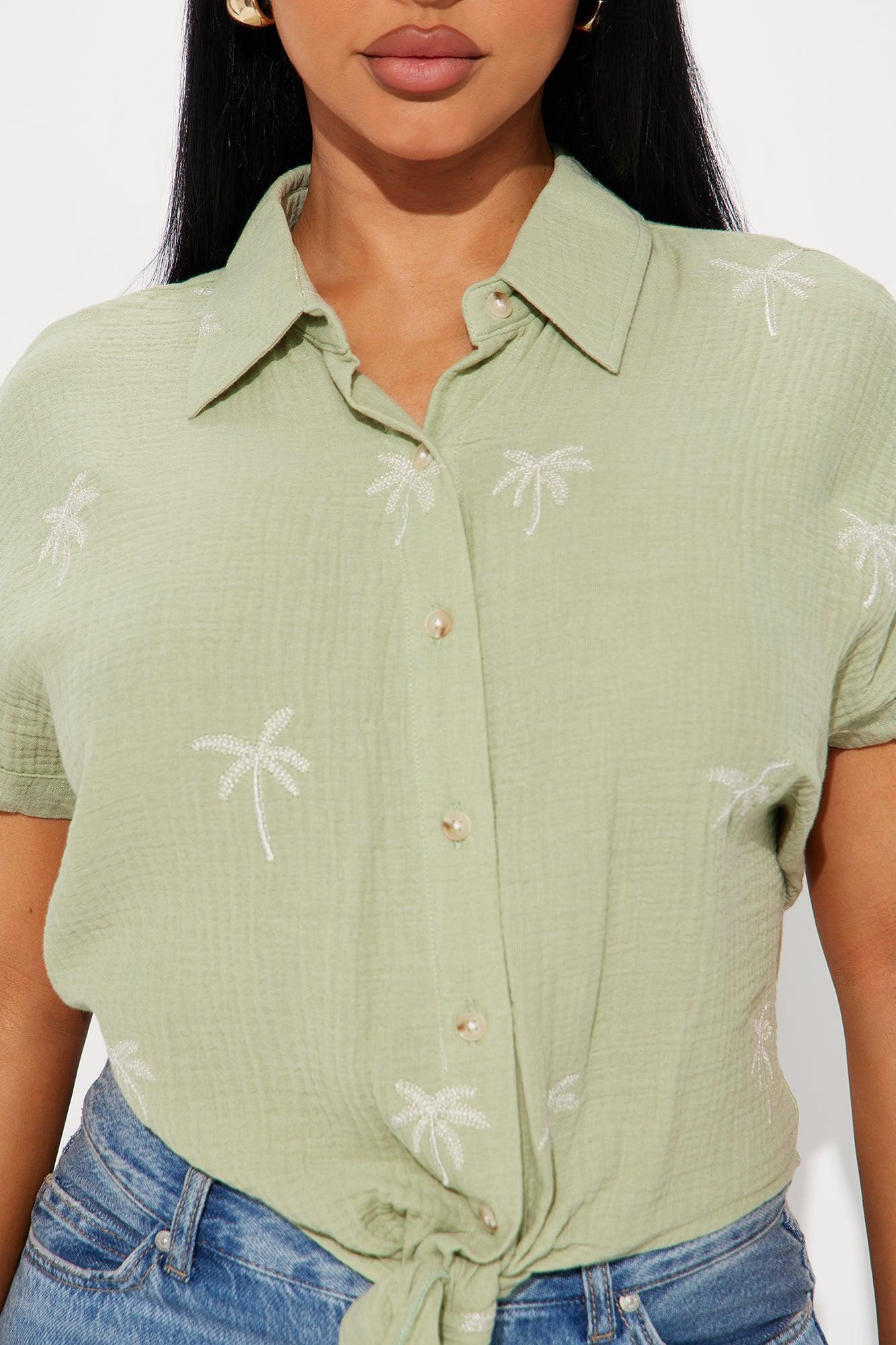 Palm Beach Tie Front Shirt - Sage Product Image
