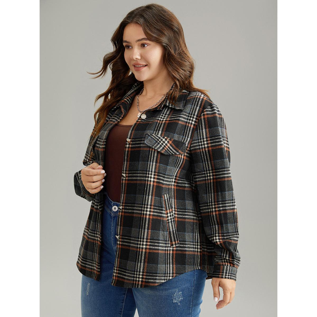 Plus Size Plaid Button Fly Flap Pocket Shacket Women Black Contrast Pocket Dailywear Jackets BloomChic 12/L Product Image