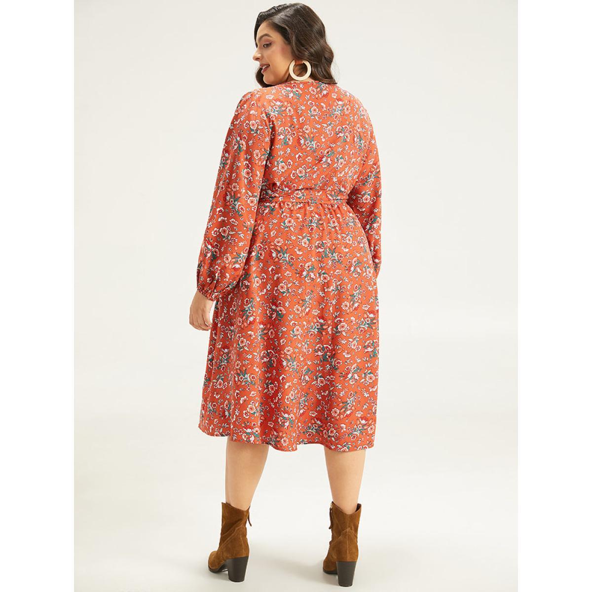 Plus Size Floral Print Belted Elastic Cuffs Dress Rust Women Elegant Elastic cuffs V-neck Long Sleeve Curvy Midi Dress BloomChic 14-16/1X Product Image